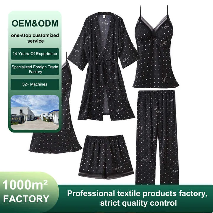 Women's New Five-Piece Imitated Silk Nightgown Suit Fashionable Home Wear with Smooth Nightdress for Sleepwearطقم نوم نسائي جديد مكون من خمس قطع من الحرير الصناعي، ملابس منزلية أنيقة مع قميص نوم ناعم لملابس النوم