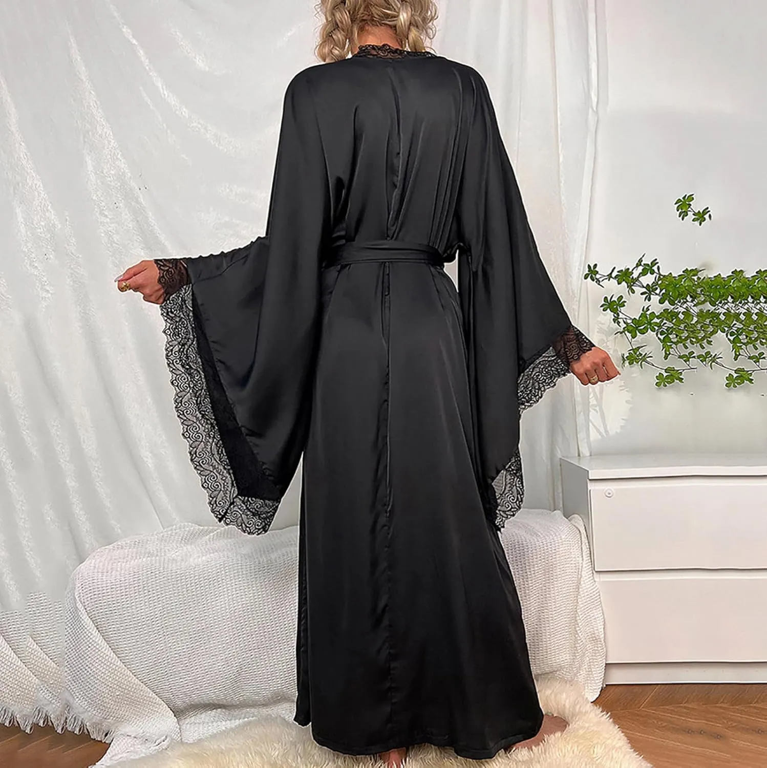 Womens Nightgowns Sexy Lace Satin Long Robe V Neck Long Sleeve Belt Bridal Honeymoon Sleep Robes Casual Loungewear
