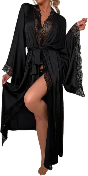 Womens Nightgowns Sexy Lace Satin Long Robe V Neck Long Sleeve Belt Bridal Honeymoon Sleep Robes Casual Loungewear