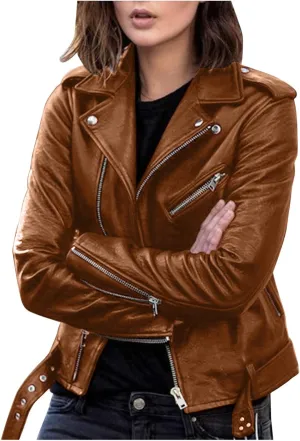 Women's Oversized Fashion Faux Leather Jackets Solid Color Long Sleeve Zipper Fitted Artificial Leather Blazer Coats
