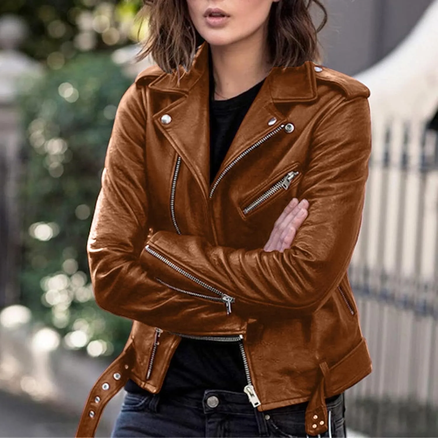 Women's Oversized Fashion Faux Leather Jackets Solid Color Long Sleeve Zipper Fitted Artificial Leather Blazer Coats