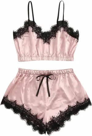 Womens Pajamas Lingerie Set Sexy Floral Lace Sleepwear Camisole and Satin Panty 2 Piece Nightwear Pjs Lounge Sets