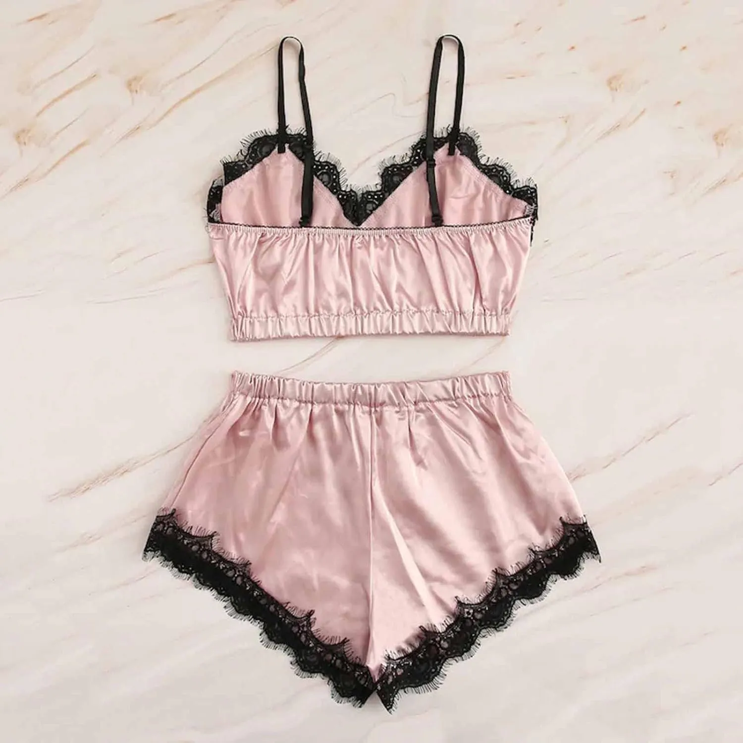 Womens Pajamas Lingerie Set Sexy Floral Lace Sleepwear Camisole and Satin Panty 2 Piece Nightwear Pjs Lounge Sets