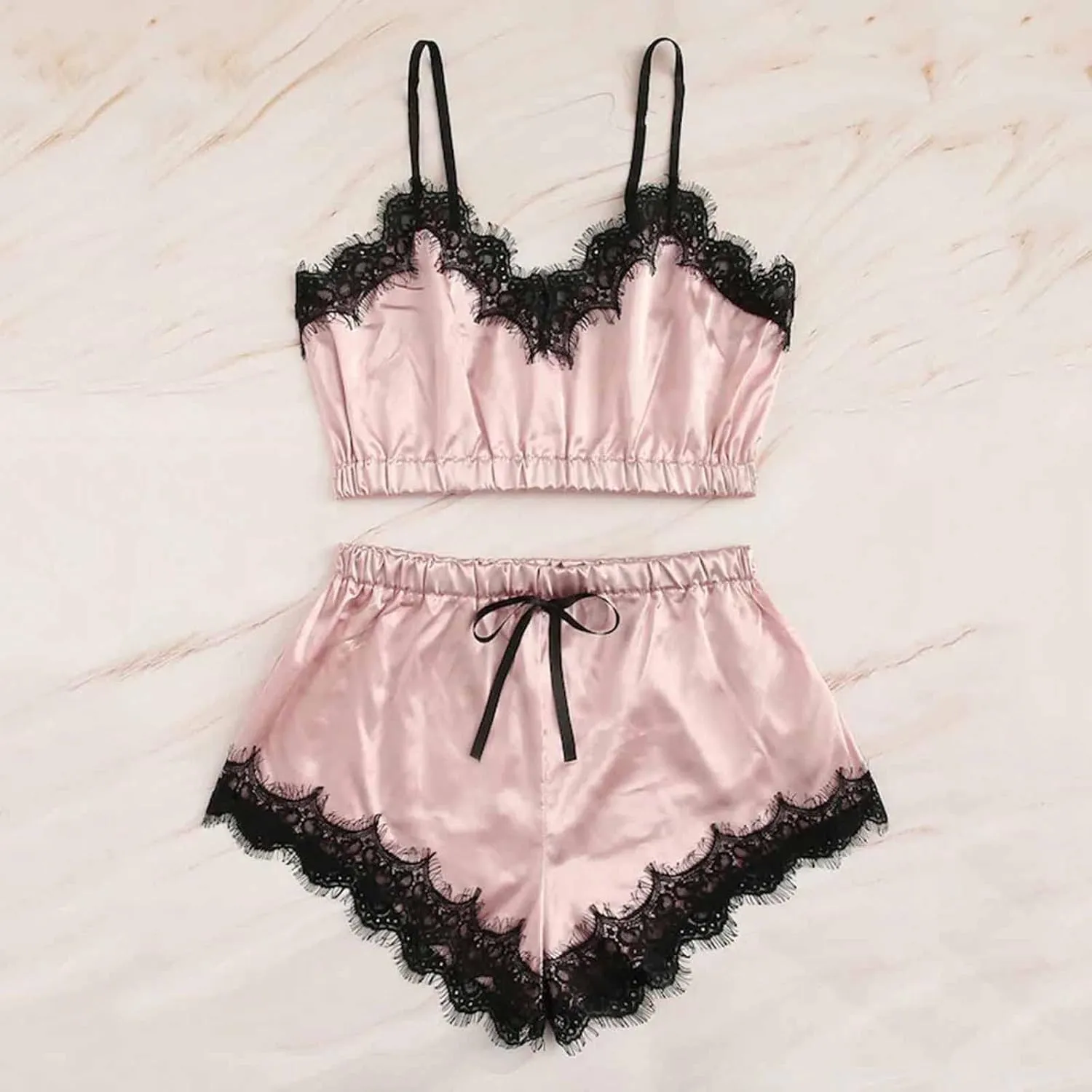 Womens Pajamas Lingerie Set Sexy Floral Lace Sleepwear Camisole and Satin Panty 2 Piece Nightwear Pjs Lounge Sets