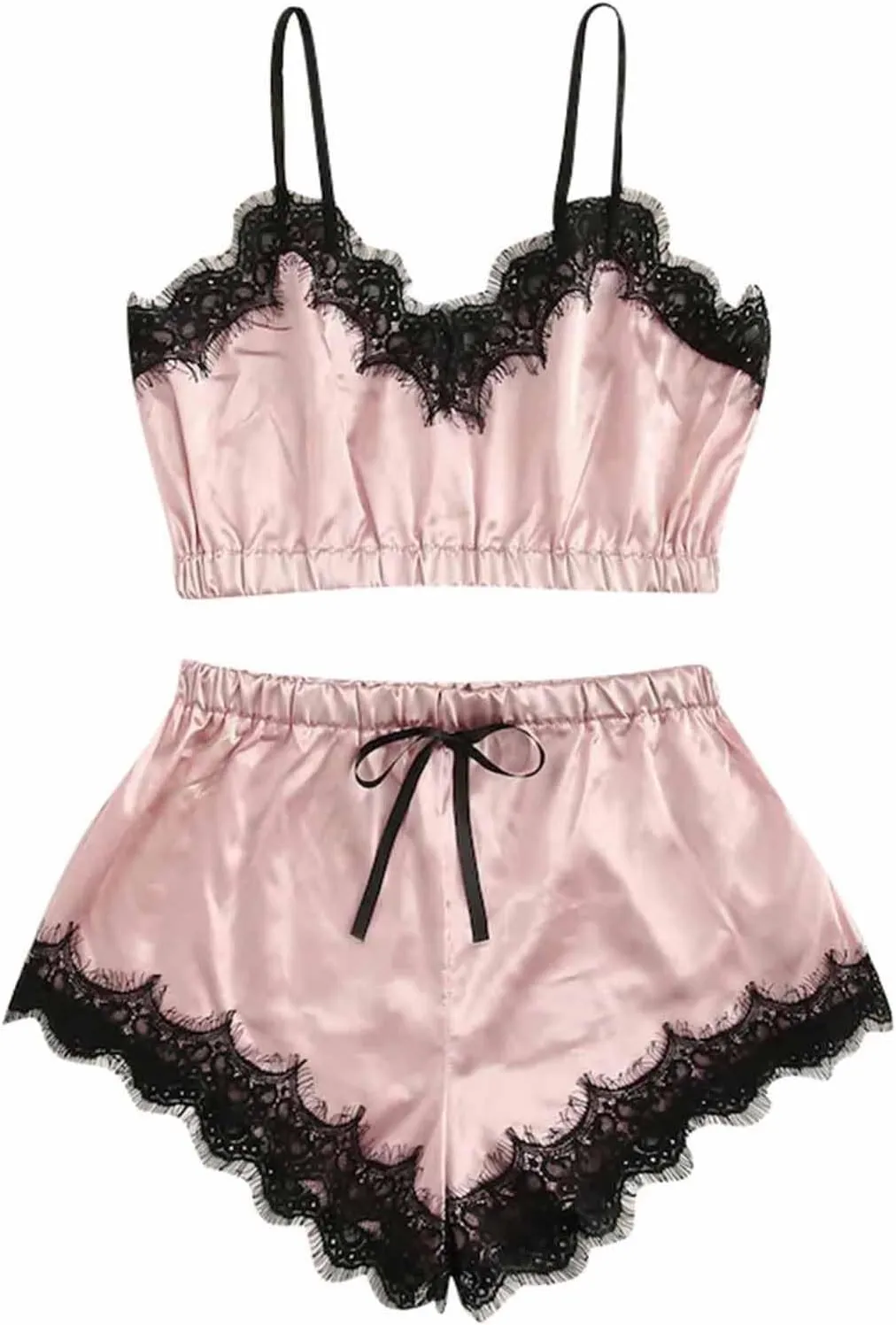 Womens Pajamas Lingerie Set Sexy Floral Lace Sleepwear Camisole and Satin Panty 2 Piece Nightwear Pjs Lounge Sets