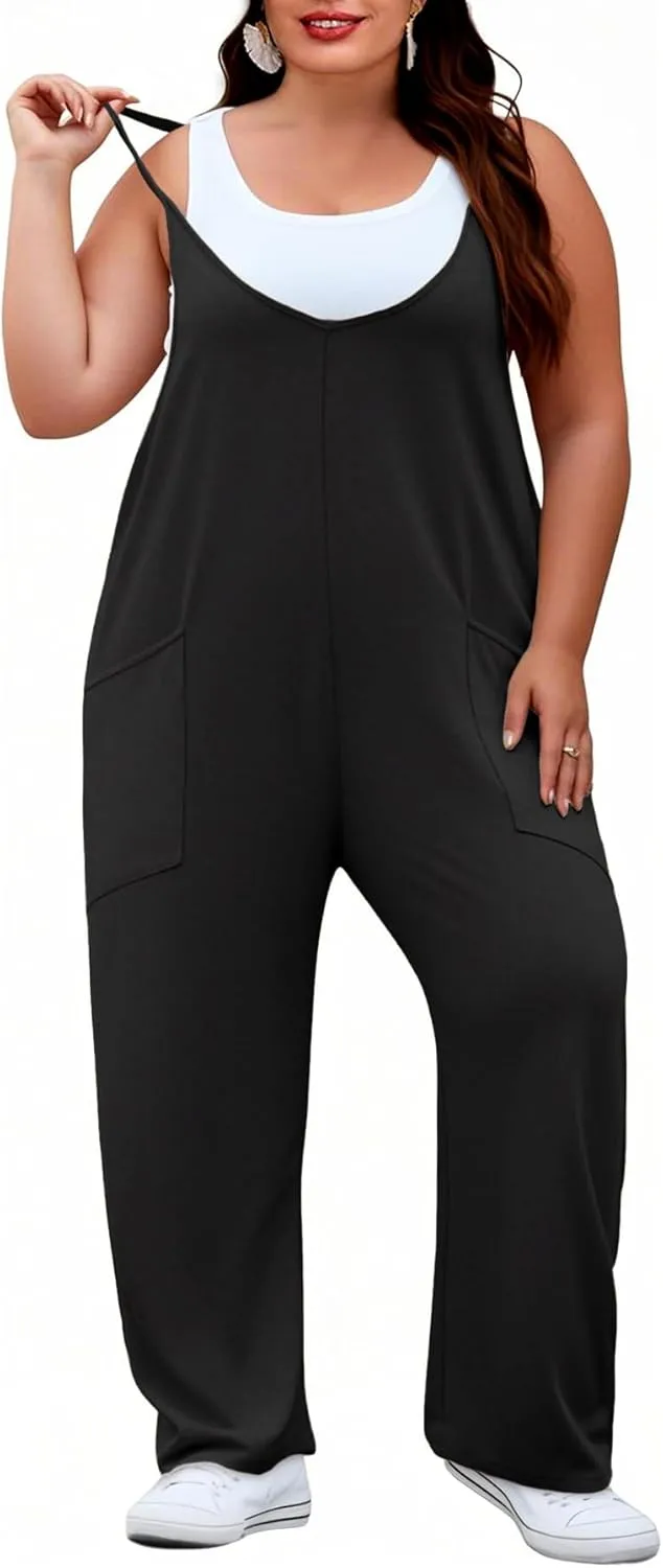 Women's Plus Size Jumpsuit Summer Casual Sleeveless Overalls Adjustable Strap Loose Fit Rompers With Pockets