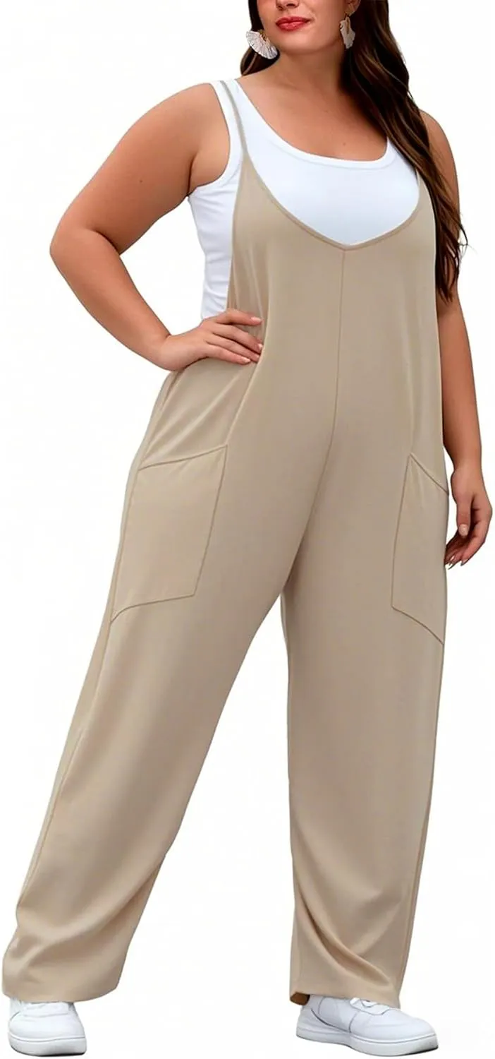 Women's Plus Size Jumpsuit Summer Casual Sleeveless Overalls Adjustable Strap Loose Fit Rompers With Pockets