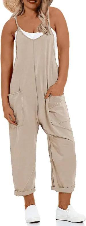 Women's Plus Size Jumpsuit Summer Casual Sleeveless Overalls Adjustable Strap Loose Fit Rompers With Pockets