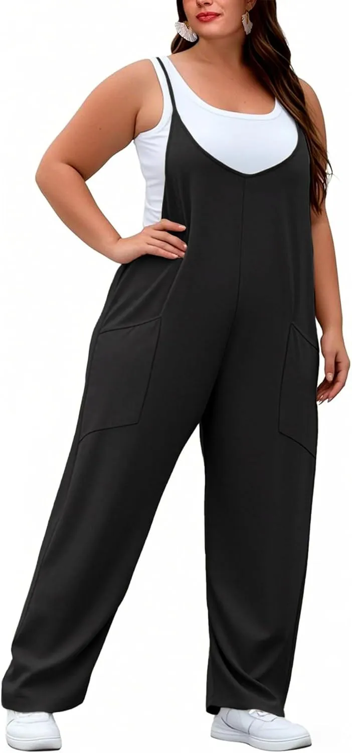 Women's Plus Size Jumpsuit Summer Casual Sleeveless Overalls Adjustable Strap Loose Fit Rompers With Pockets