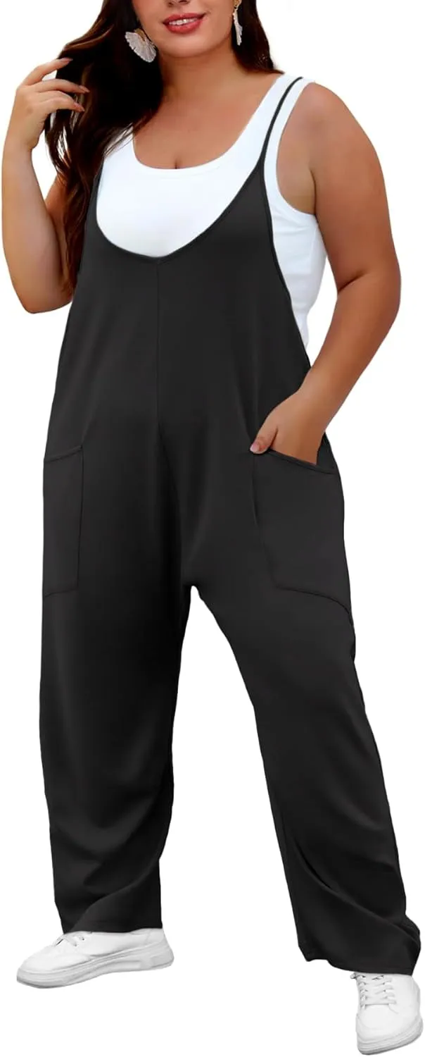 Women's Plus Size Jumpsuit Summer Casual Sleeveless Overalls Adjustable Strap Loose Fit Rompers With Pockets