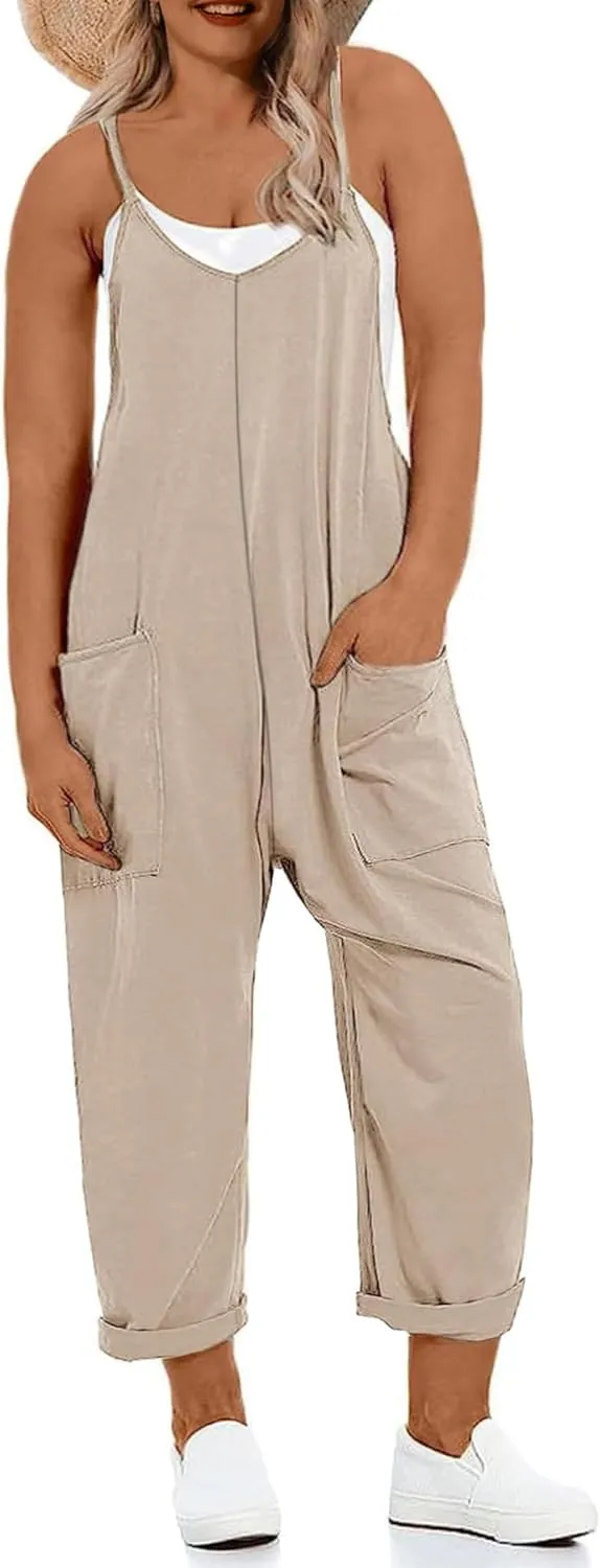 Women's Plus Size Jumpsuit Summer Casual Sleeveless Overalls Adjustable Strap Loose Fit Rompers With Pockets