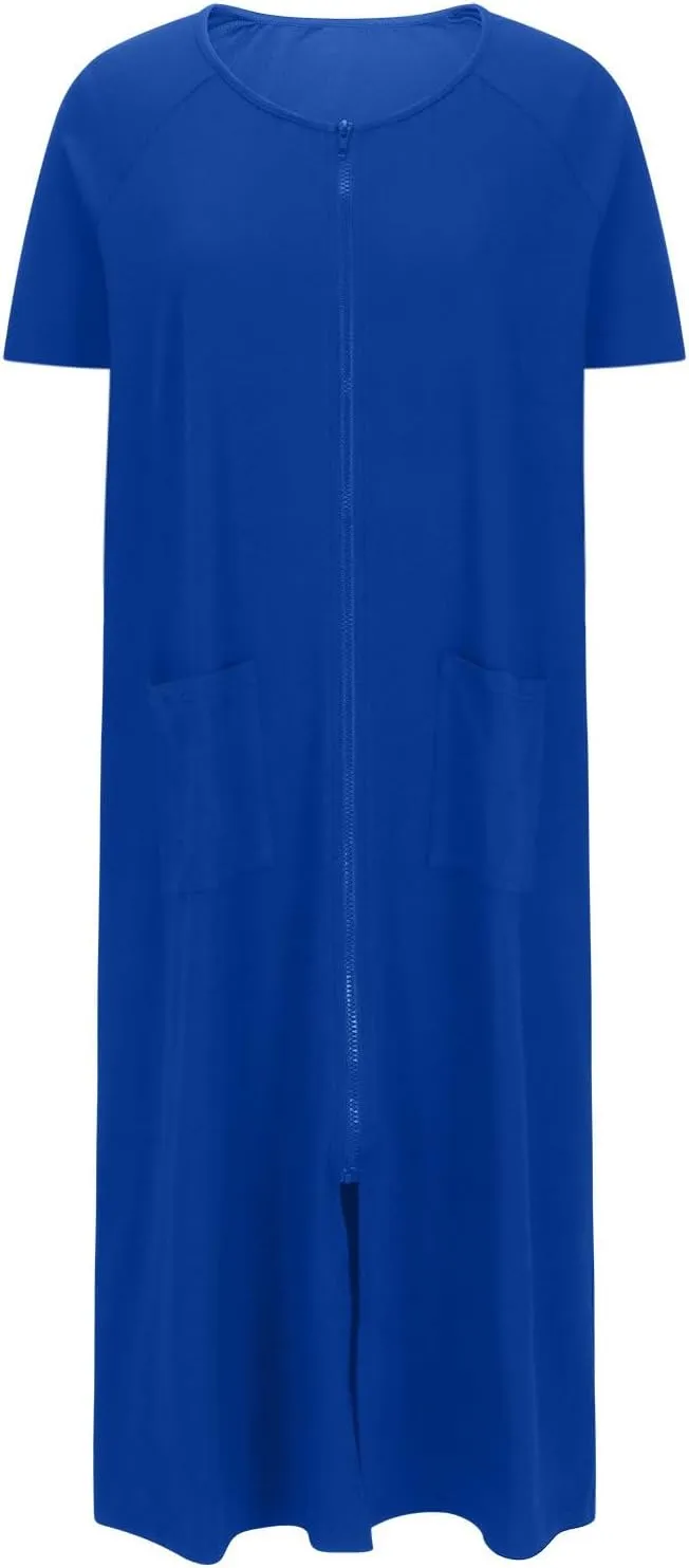 Women's Robes Zipper Front Nightgown Short Sleeve Housecoat Full Length Loungewear with Pockets Soft Comfy Sleepwear