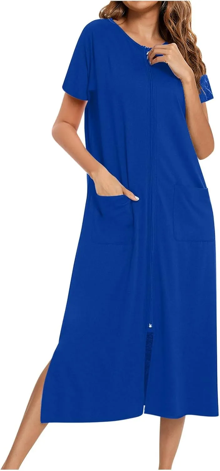 Women's Robes Zipper Front Nightgown Short Sleeve Housecoat Full Length Loungewear with Pockets Soft Comfy Sleepwear