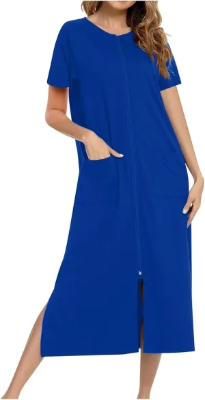 Women's Robes Zipper Front Nightgown Short Sleeve Housecoat Full Length Loungewear with Pockets Soft Comfy Sleepwear