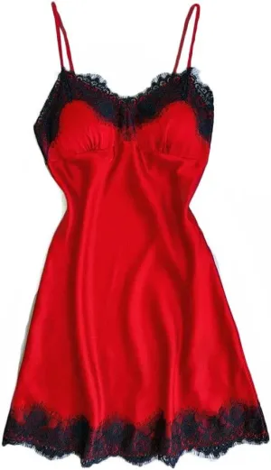 Women's Satin Lace Lingerie Nightgown Sexy Full Slips Chemise Mini Dress Silk Babydoll Nightwear Sleeveless Nighties