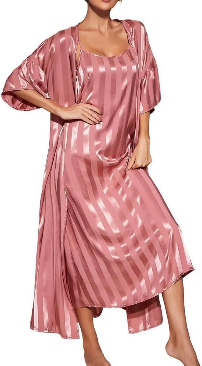 Women's Satin Nightgown with Robes 2 Piece Full Length Sleepwear Sexy Cami Nightwear