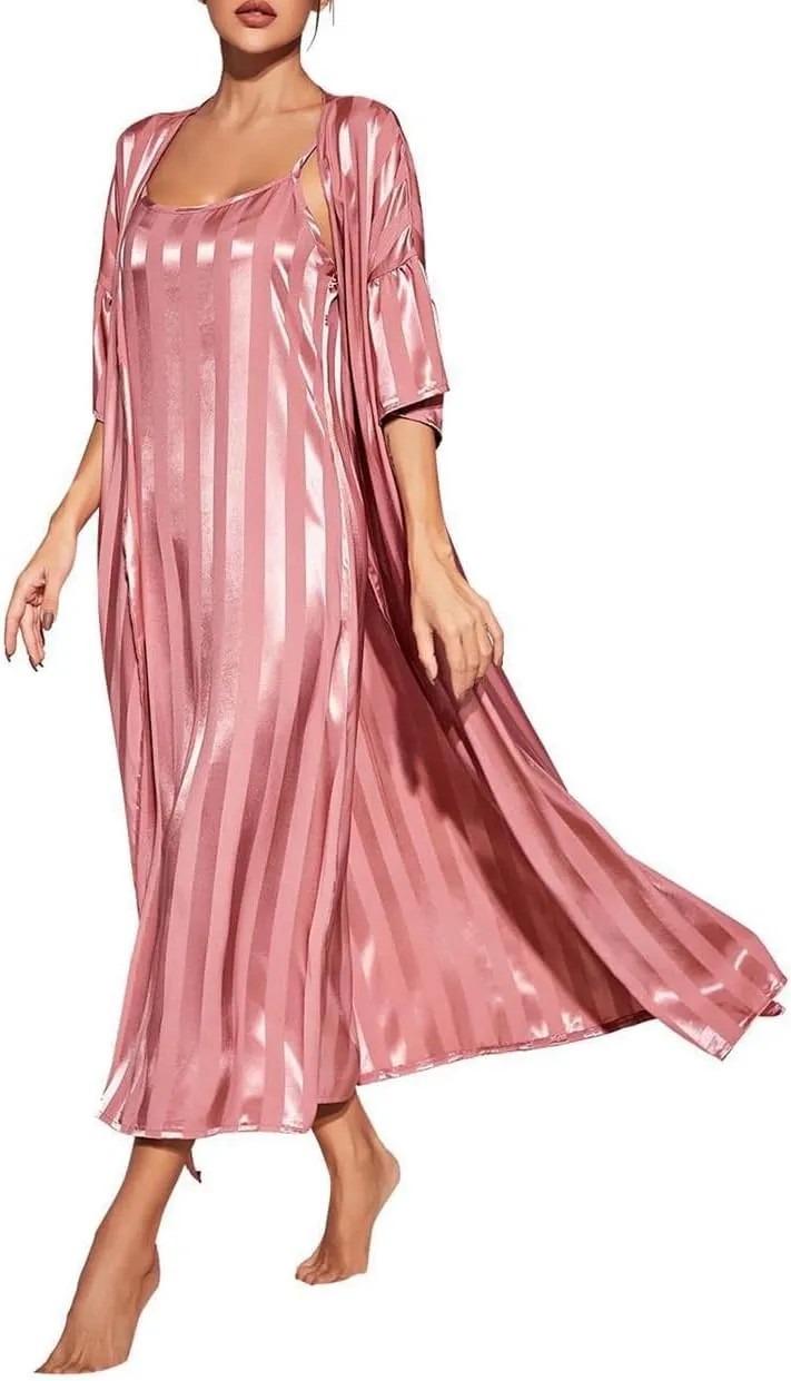 Women's Satin Nightgown with Robes 2 Piece Full Length Sleepwear Sexy Cami Nightwear