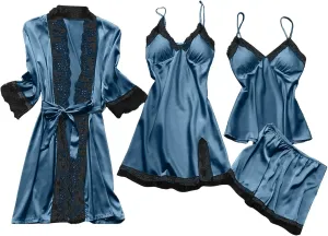 Women's Satin Pajama Set 4PCS Floral Lace Trim Sleepwear Soft Comfy Lingerie Underwear Sexy Nightgown with Robes