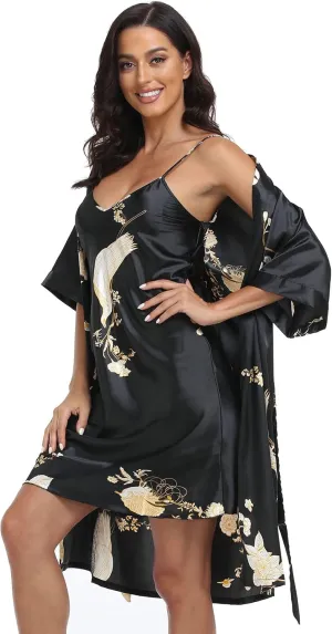 Women's Satin Robe Set 2 Piece Pajama Sets Sexy Lingerie Robes Soft Sleepwear Silky Kimono Nightgown with Camisole