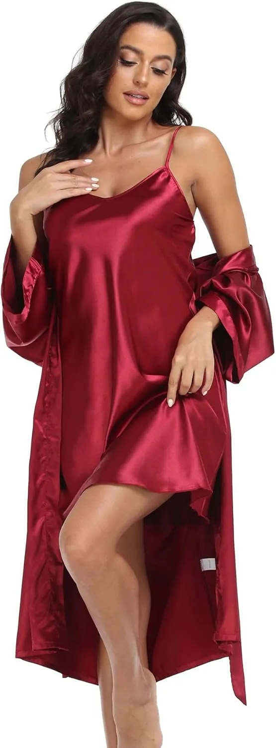 Women's Satin Robe Set 2 Piece Pajama Sets Sexy Lingerie Robes Soft Sleepwear Silky Kimono Nightgown with Camisole
