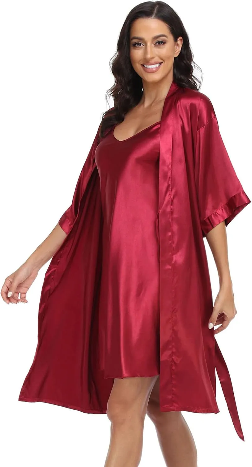 Women's Satin Robe Set 2 Piece Pajama Sets Sexy Lingerie Robes Soft Sleepwear Silky Kimono Nightgown with Camisole