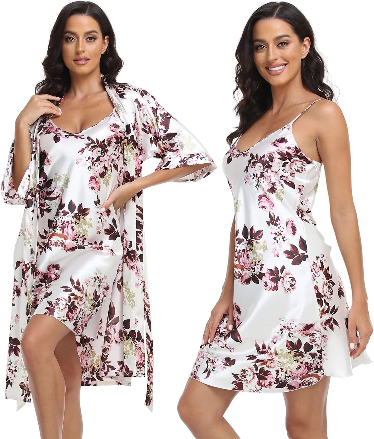 Women's Satin Robe Set 2 Piece Pajama Sets Sexy Lingerie Robes Soft Sleepwear Silky Kimono Nightgown with Camisole