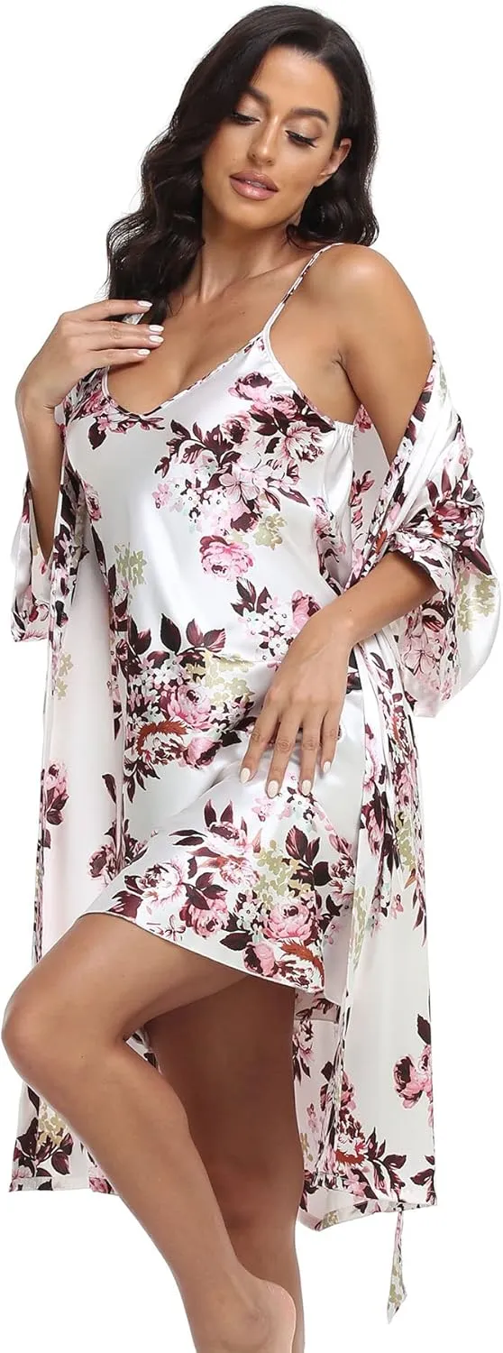 Women's Satin Robe Set 2 Piece Pajama Sets Sexy Lingerie Robes Soft Sleepwear Silky Kimono Nightgown with Camisole