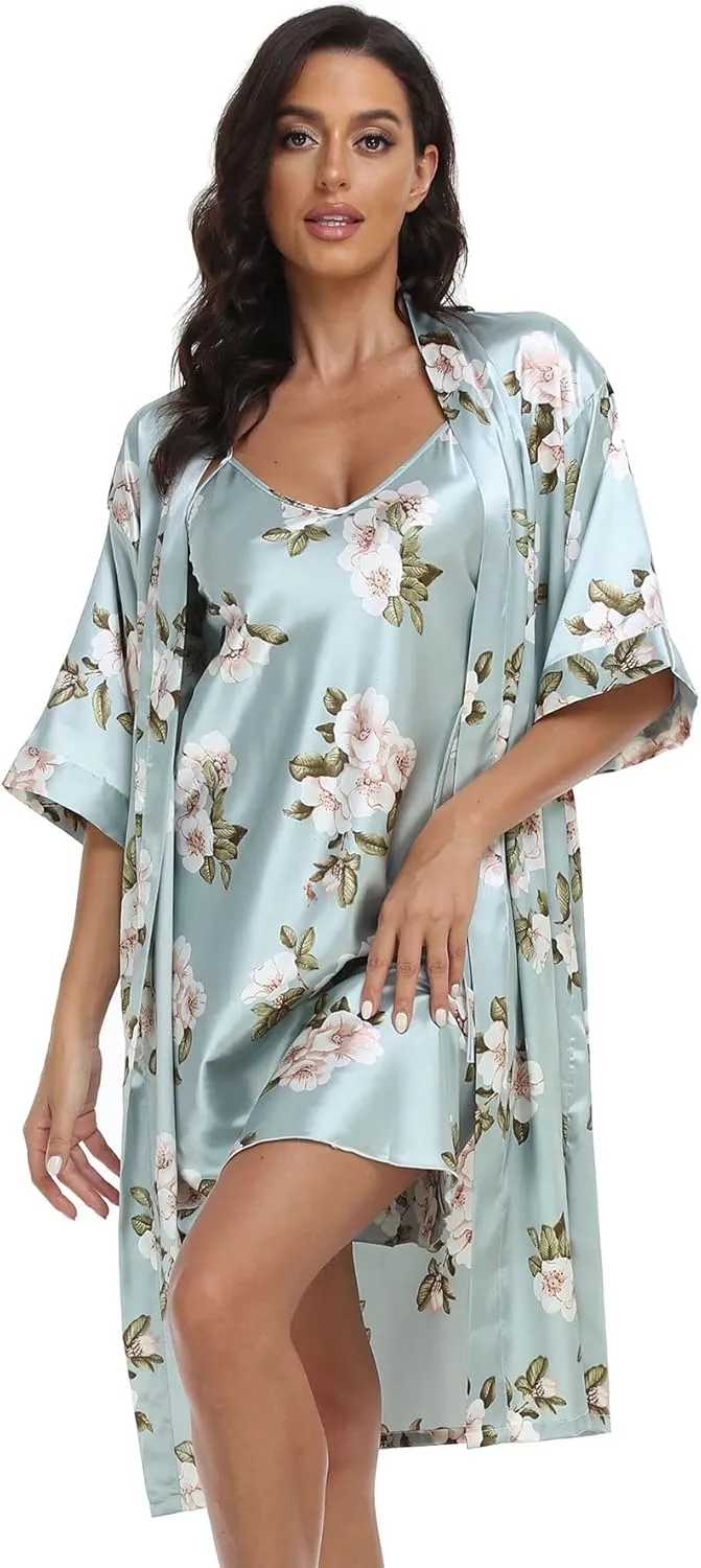 Women's Satin Robe Set 2 Piece Pajama Sets Sexy Lingerie Robes Soft Sleepwear Silky Kimono Nightgown with Camisole