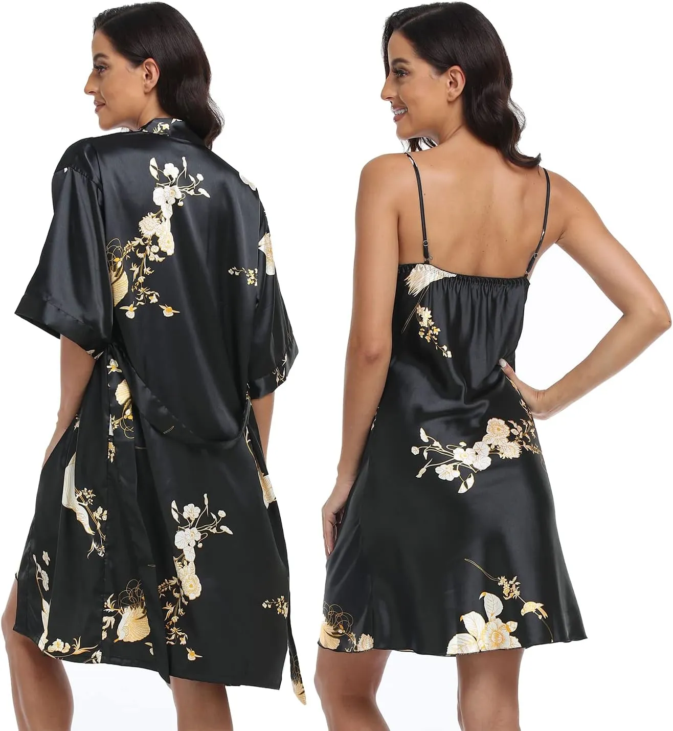 Women's Satin Robe Set 2 Piece Pajama Sets Sexy Lingerie Robes Soft Sleepwear Silky Kimono Nightgown with Camisole