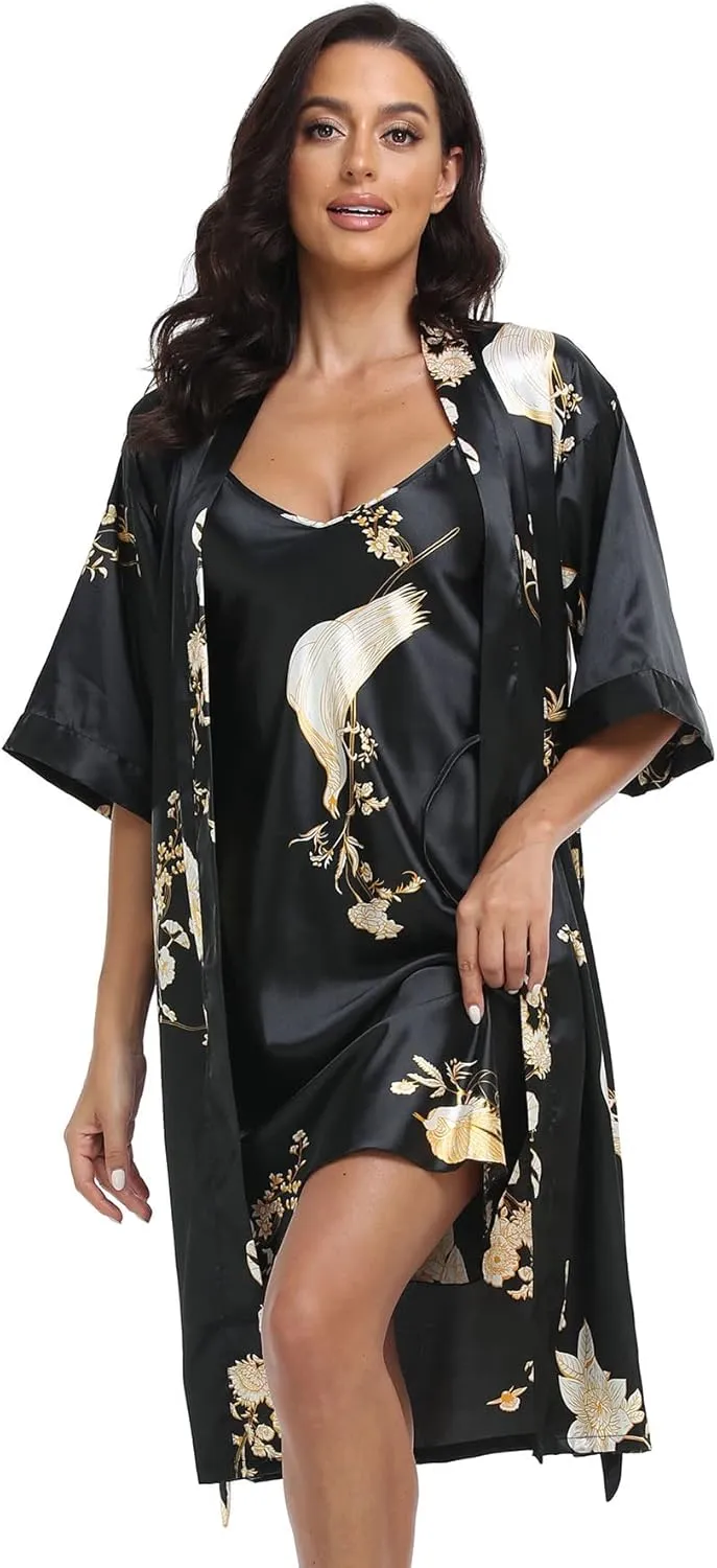 Women's Satin Robe Set 2 Piece Pajama Sets Sexy Lingerie Robes Soft Sleepwear Silky Kimono Nightgown with Camisole