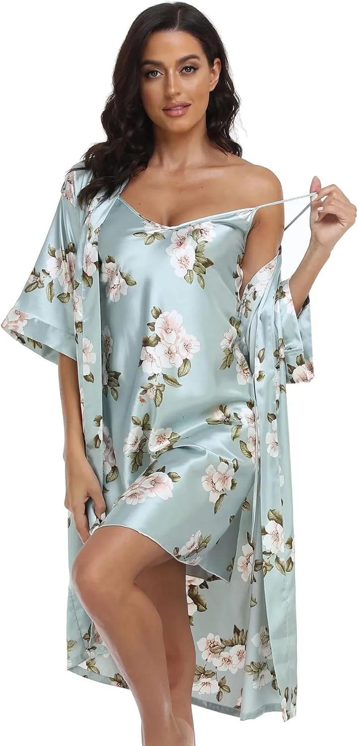 Women's Satin Robe Set 2 Piece Pajama Sets Sexy Lingerie Robes Soft Sleepwear Silky Kimono Nightgown with Camisole