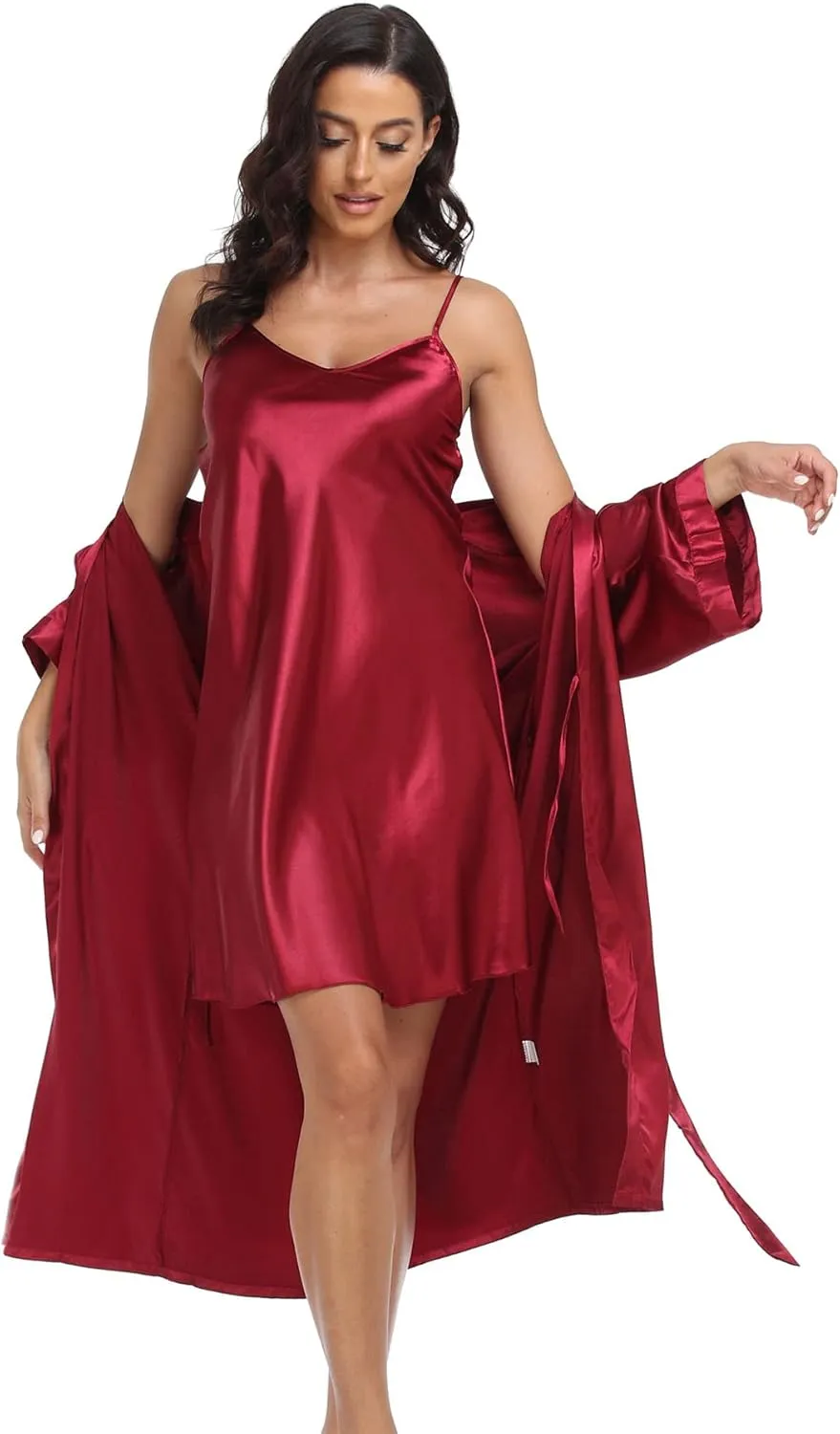 Women's Satin Robe Set 2 Piece Pajama Sets Sexy Lingerie Robes Soft Sleepwear Silky Kimono Nightgown with Camisole