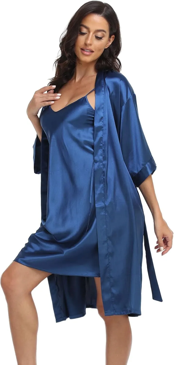Women's Satin Robe Set 2 Piece Pajama Sets Sexy Lingerie Robes Soft Sleepwear Silky Kimono Nightgown with Camisole