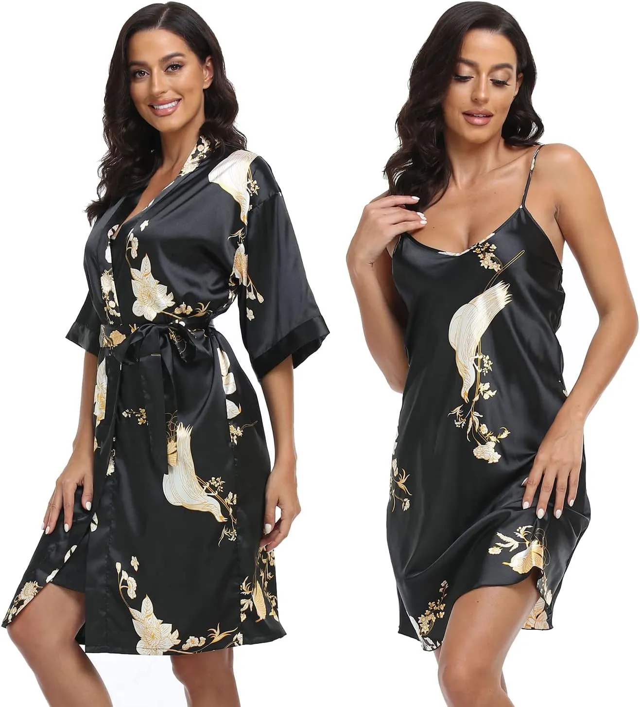 Women's Satin Robe Set 2 Piece Pajama Sets Sexy Lingerie Robes Soft Sleepwear Silky Kimono Nightgown with Camisole