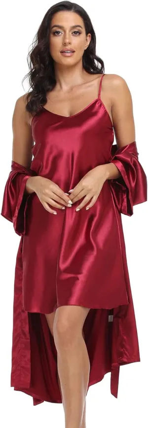 Women's Satin Robe Set 2 Piece Pajama Sets Sexy Lingerie Robes Soft Sleepwear Silky Kimono Nightgown with Camisole