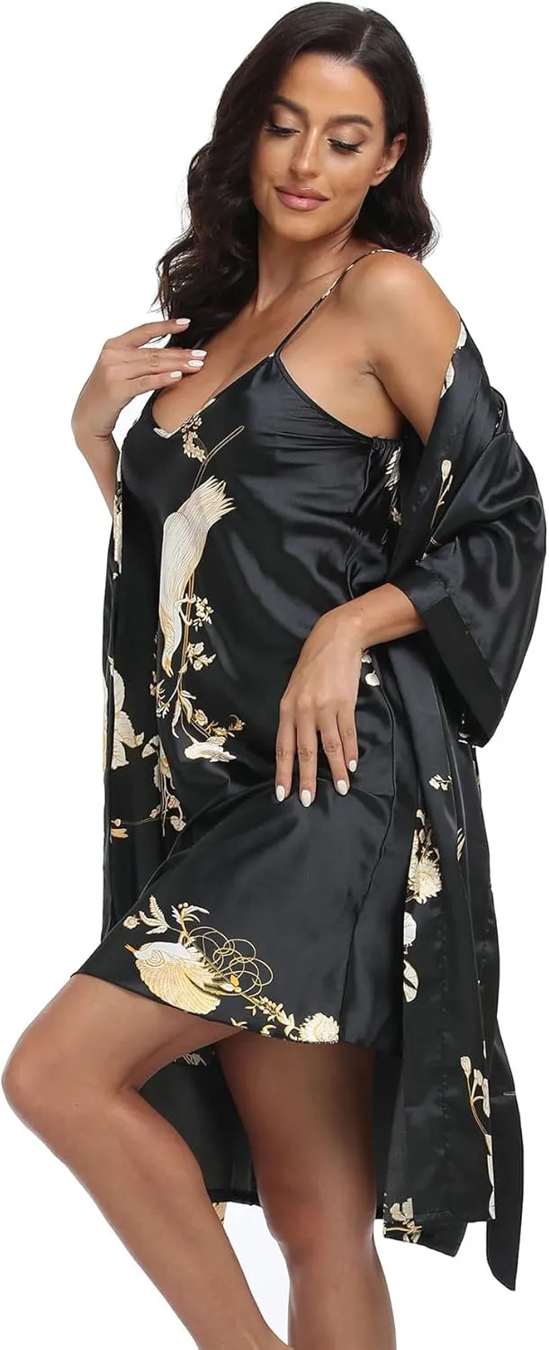 Women's Satin Robe Set 2 Piece Pajama Sets Sexy Lingerie Robes Soft Sleepwear Silky Kimono Nightgown with Camisole