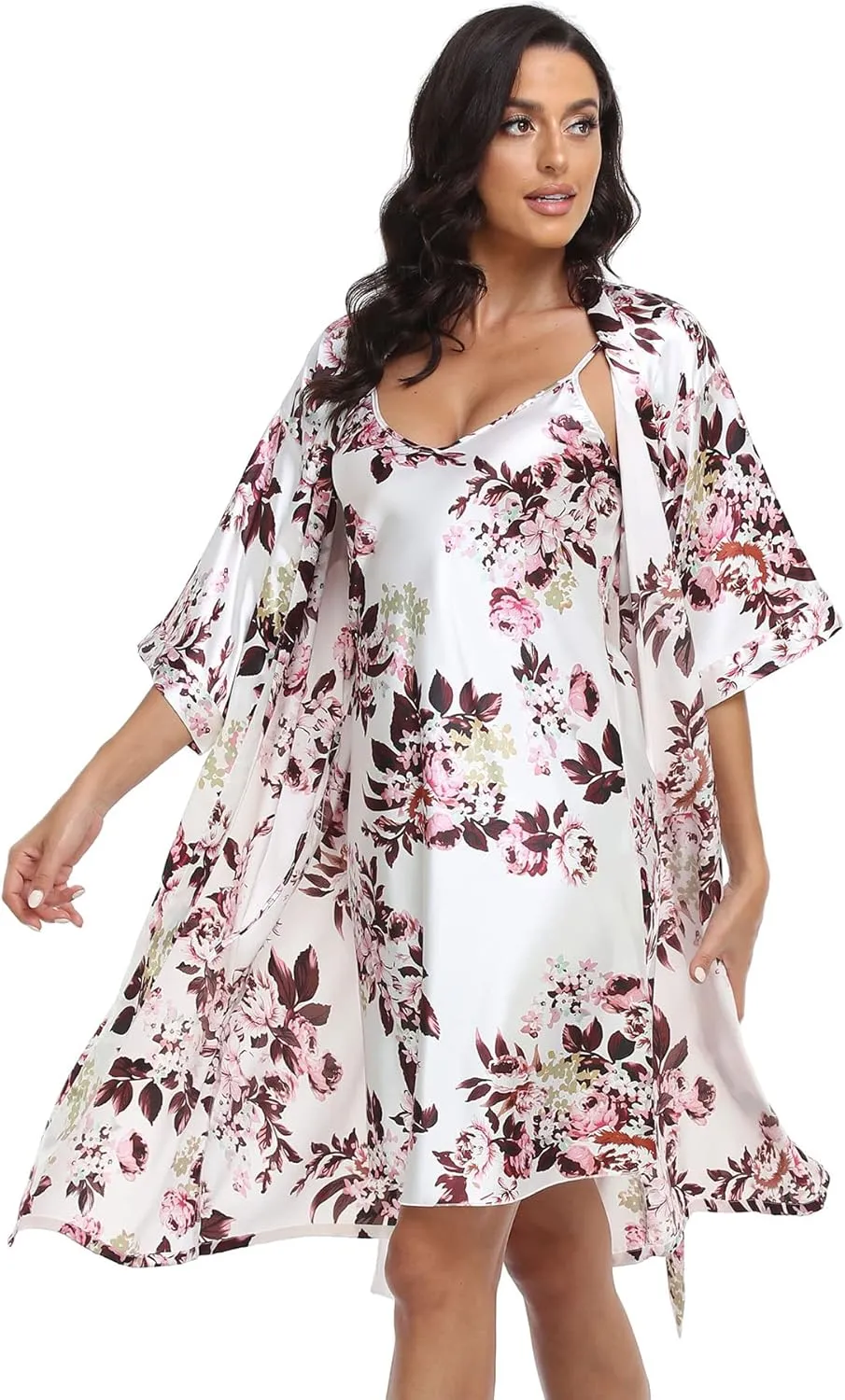 Women's Satin Robe Set 2 Piece Pajama Sets Sexy Lingerie Robes Soft Sleepwear Silky Kimono Nightgown with Camisole