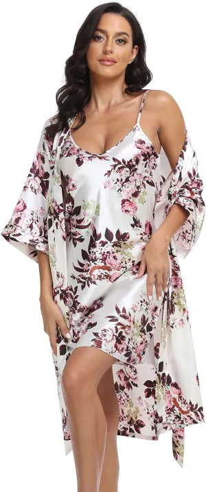Women's Satin Robe Set 2 Piece Pajama Sets Sexy Lingerie Robes Soft Sleepwear Silky Kimono Nightgown with Camisole