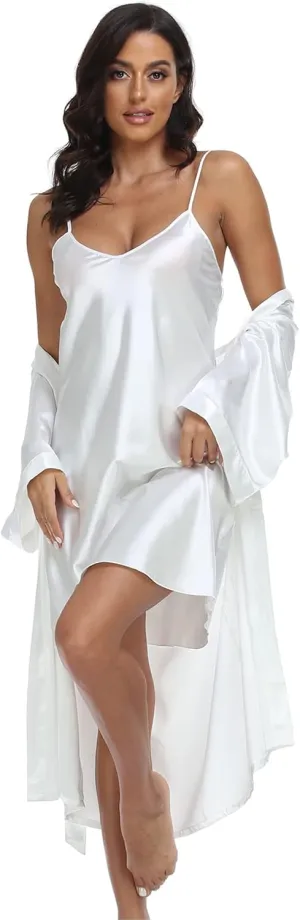 Women's Satin Robe Set 2 Piece Pajama Sets Sexy Lingerie Robes Soft Sleepwear Silky Kimono Nightgown with Camisole