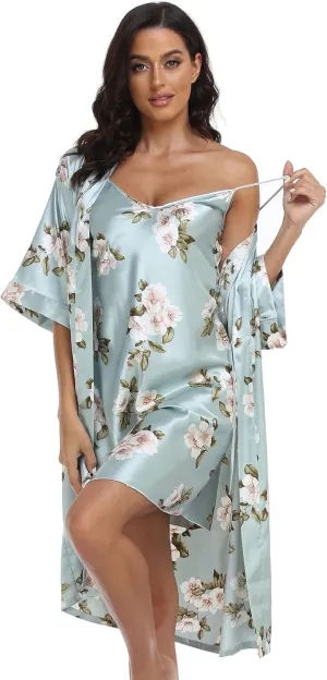 Women's Satin Robe Set 2 Piece Pajama Sets Sexy Lingerie Robes Soft Sleepwear Silky Kimono Nightgown with Camisole
