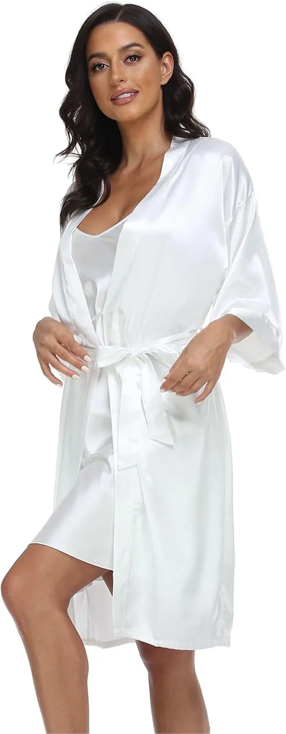 Women's Satin Robe Set 2 Piece Pajama Sets Sexy Lingerie Robes Soft Sleepwear Silky Kimono Nightgown with Camisole