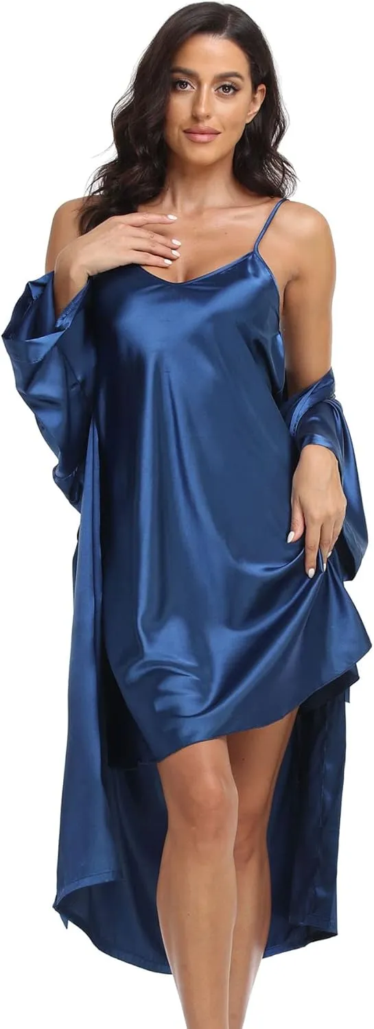 Women's Satin Robe Set 2 Piece Pajama Sets Sexy Lingerie Robes Soft Sleepwear Silky Kimono Nightgown with Camisole