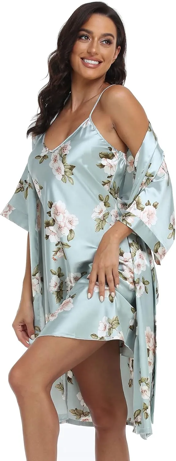 Women's Satin Robe Set 2 Piece Pajama Sets Sexy Lingerie Robes Soft Sleepwear Silky Kimono Nightgown with Camisole