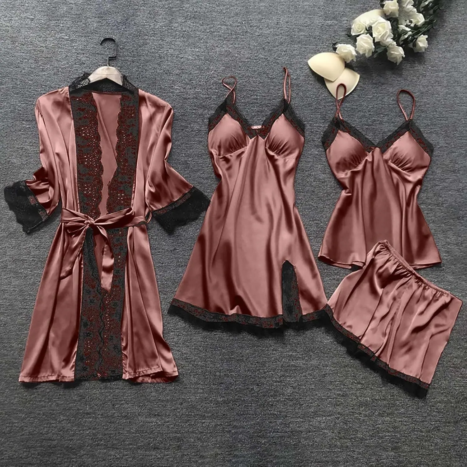 Women's Silk Lingerie Pajamas 4 Piece Set Lace-Trim Belted Robe Camisole Dress Sleepshirts Shorts Suit Sexy Sleepwear