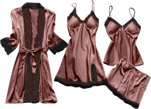Women's Silk Lingerie Pajamas 4 Piece Set Lace-Trim Belted Robe Camisole Dress Sleepshirts Shorts Suit Sexy Sleepwear