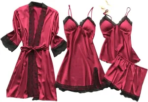 Womens Silk Sleepwear 4 Piece Set Lace-Trim Pajamas Belted Robe Camisole Dress Sleepshirts Shorts Set Sexy Nightgowns