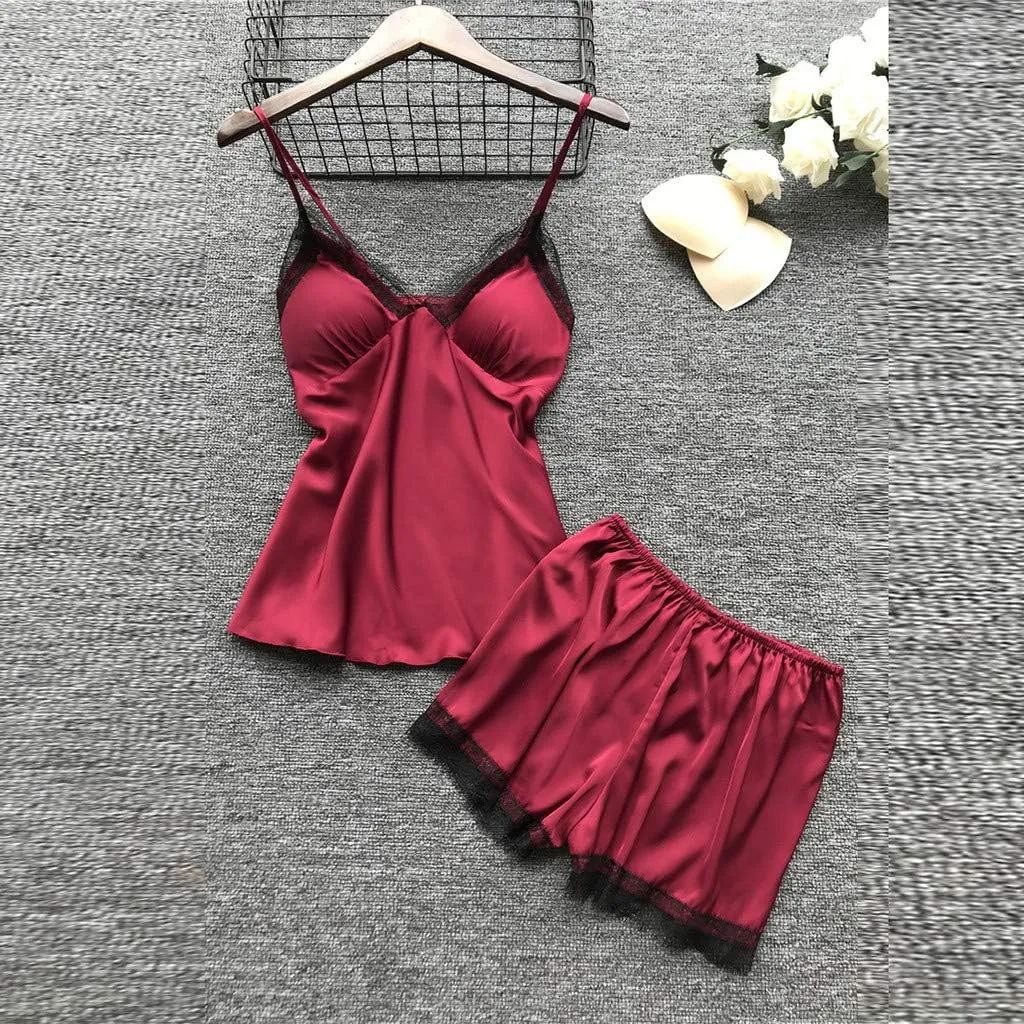 Womens Silk Sleepwear 4 Piece Set Lace-Trim Pajamas Belted Robe Camisole Dress Sleepshirts Shorts Set Sexy Nightgowns