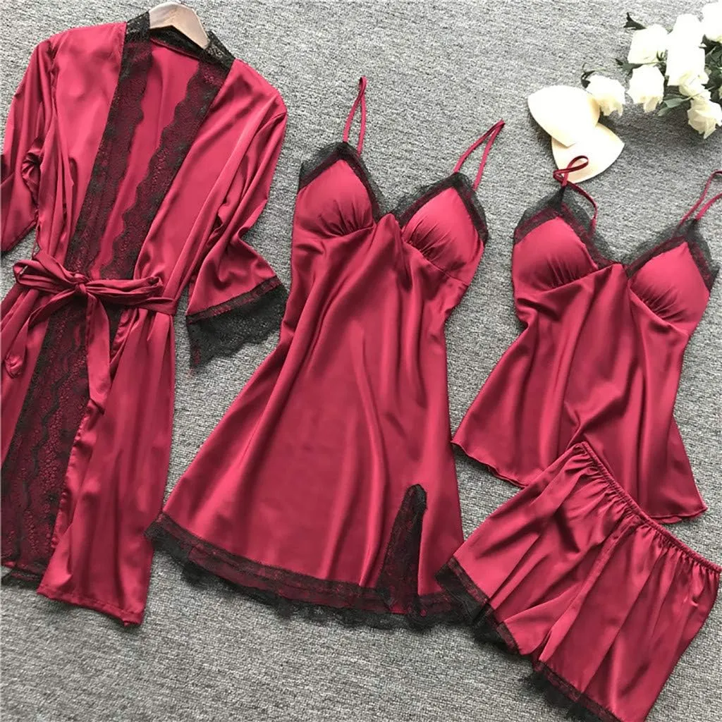 Womens Silk Sleepwear 4 Piece Set Lace-Trim Pajamas Belted Robe Camisole Dress Sleepshirts Shorts Set Sexy Nightgowns