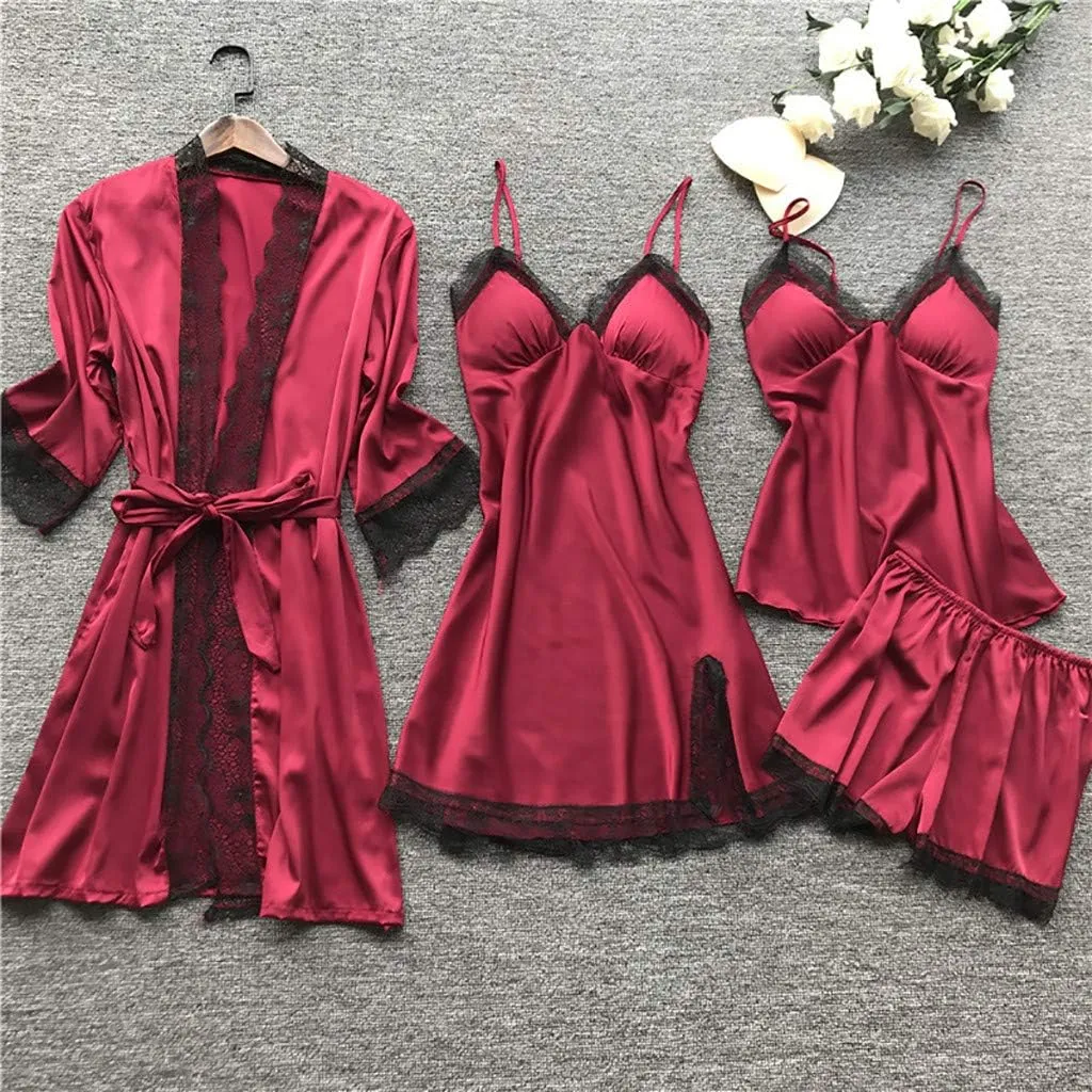 Womens Silk Sleepwear 4 Piece Set Lace-Trim Pajamas Belted Robe Camisole Dress Sleepshirts Shorts Set Sexy Nightgowns