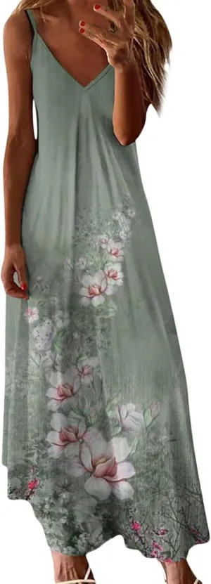 Women's Sleeveless V Neck Maxi Dress Floral Graphic Vacation Beach Sundresses Spaghetti Strap Summer Dresses